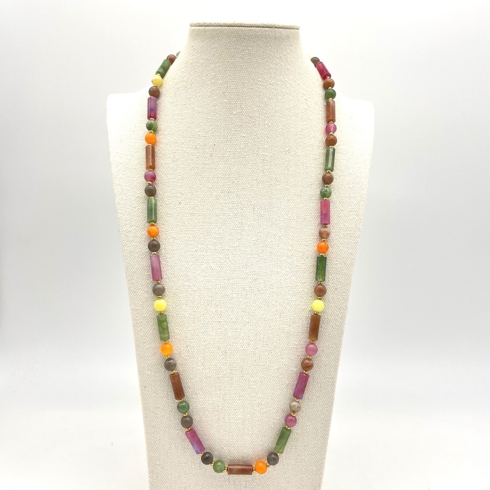 Vintage Lucite Colorful Gemstone Beaded Necklace Gold Tone Accents